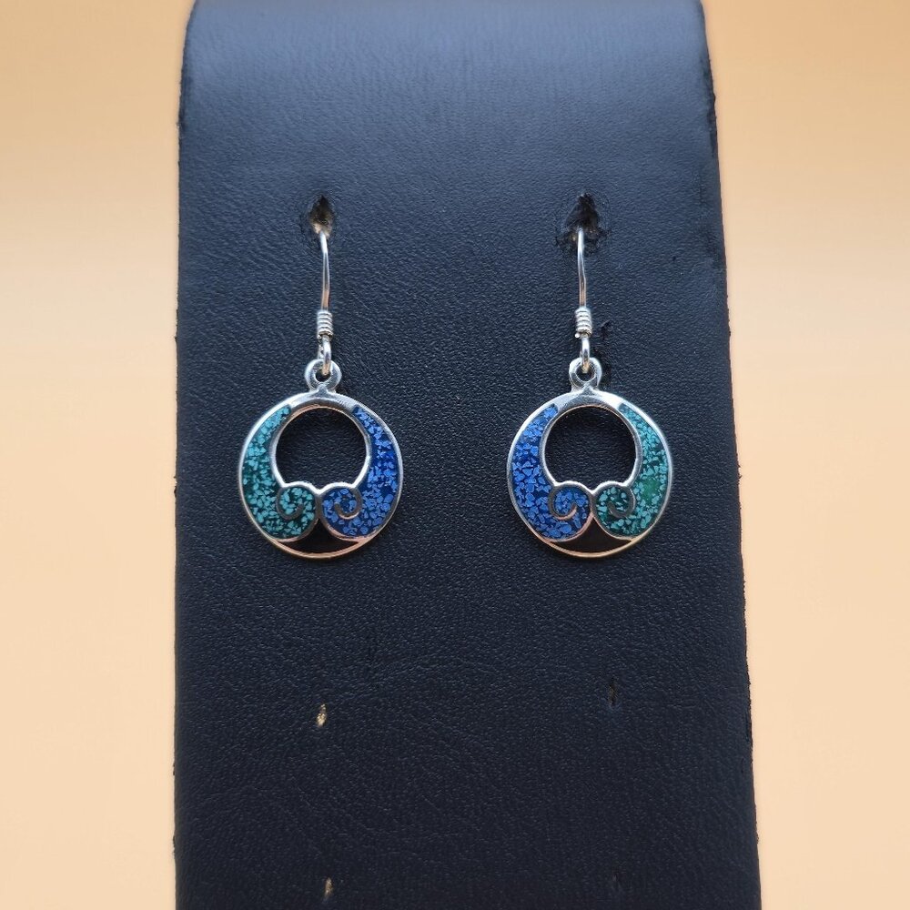 Sterling Silver Turquoise Chip Inlay Small Dangle Earrings A5395
